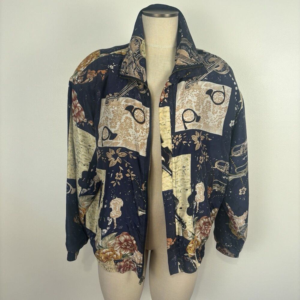 VTG 80s 90s Kim Rogers Sport 100% Silk Musical Instruments Print Bomber Jacket M - Picture 3 of 9